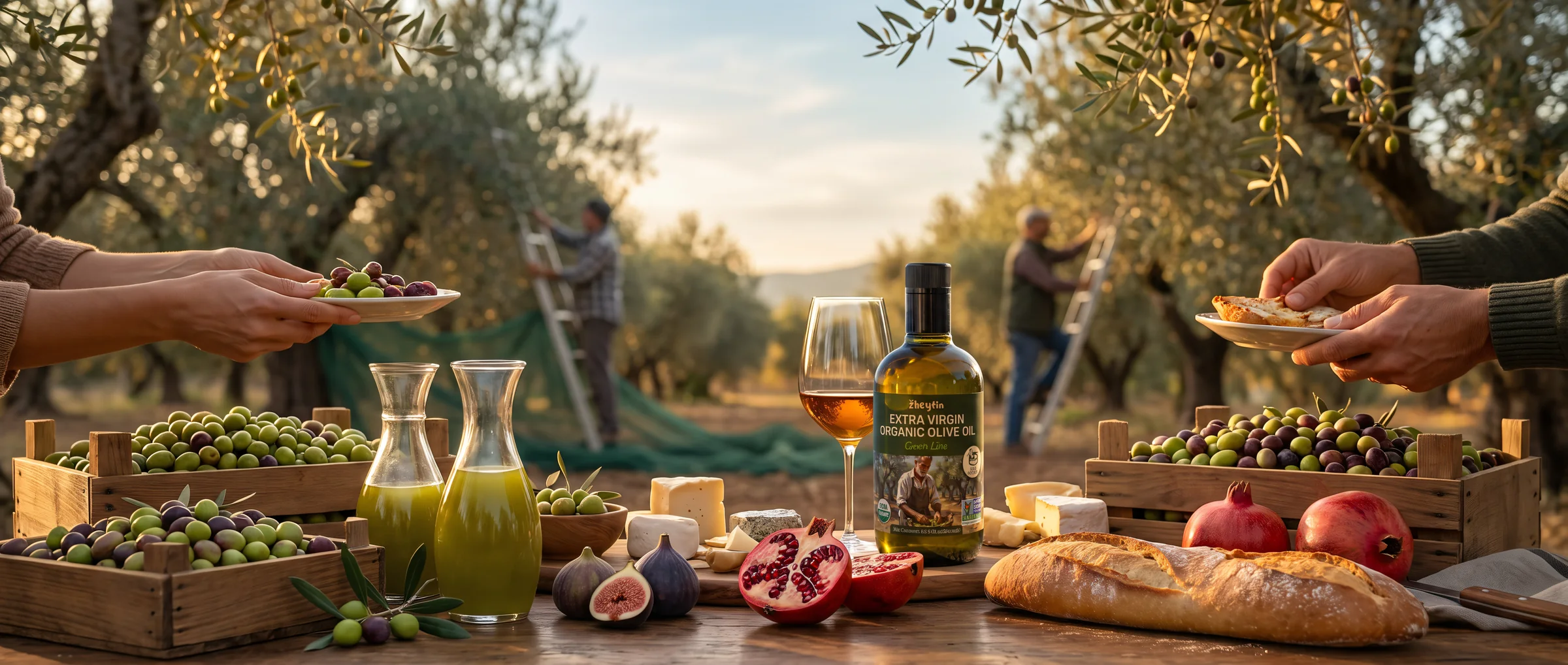 A harvest table under the olive trees in Milas, Türkiye, with a bottle of Zheytin Green Line